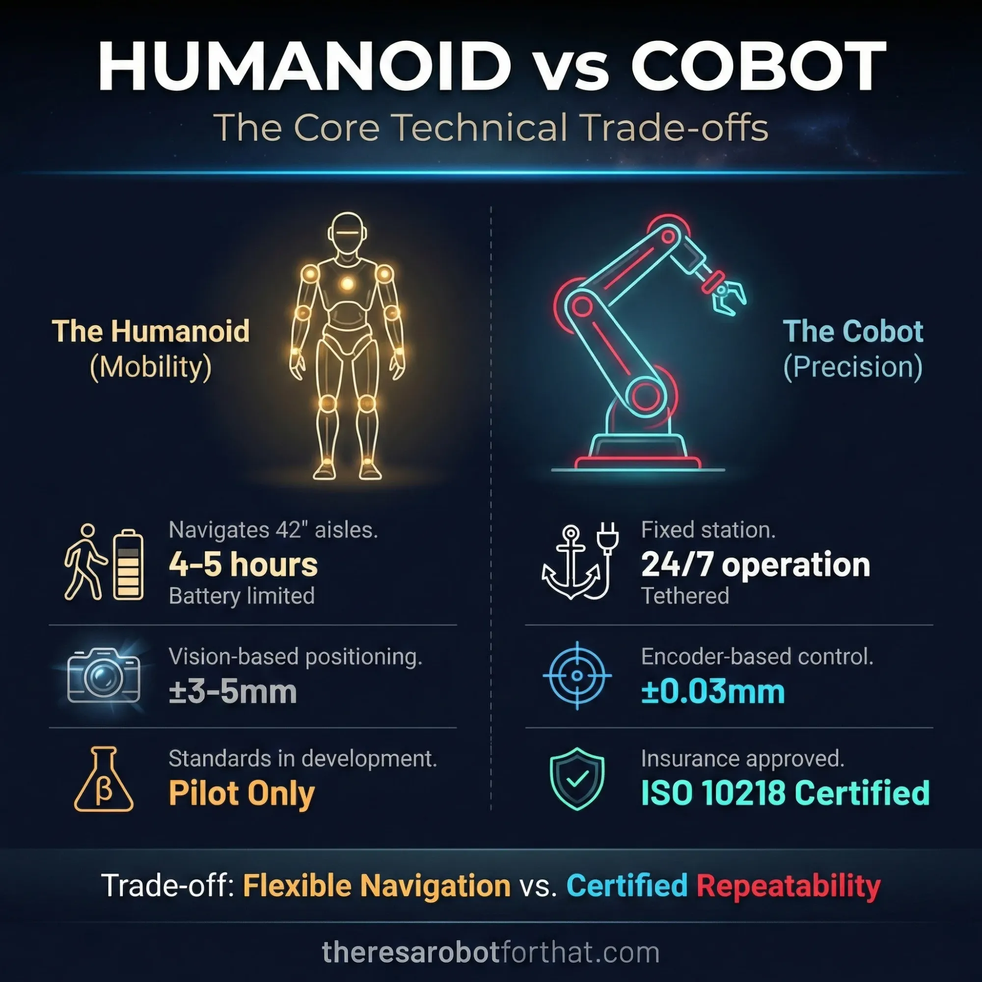 Comparison infographic of Humanoid Robots vs Cobots. Humanoids: Navigate stairs, 4-5 hour battery, ±3-5mm precision, pilot status. Cobots: Fixed station, 24/7 power, ±0.03mm precision, ISO 10218 certified.